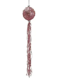 12" Pretty in Pink Glitter Christmas Ball Ornament with Tassels and Silver Beads