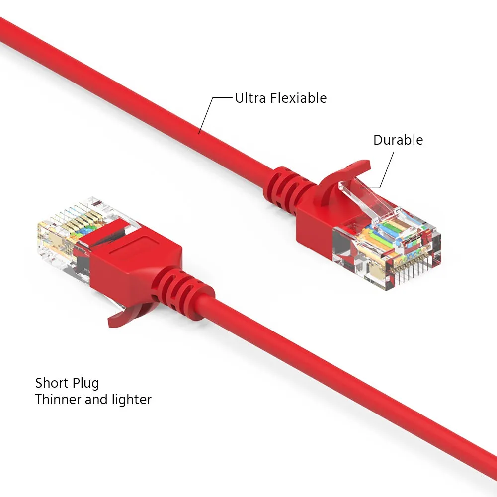 1.5Ft Cat6A UTP Slim Ethernet Network Booted Cable 28AWG Red