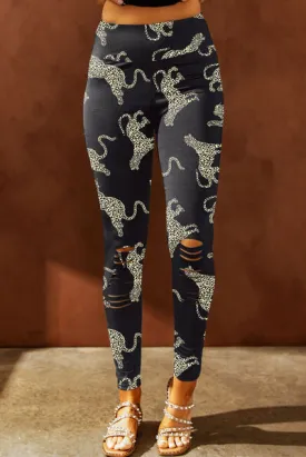 Animal Printed Distressed High Waist Leggings