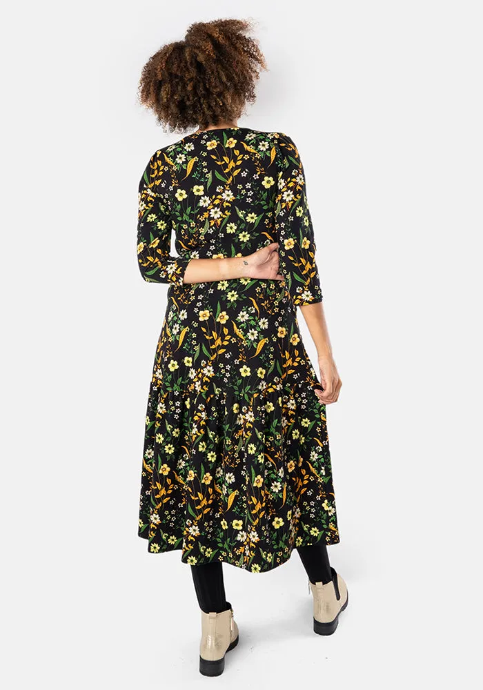 Anise Floral Print Tiered Hem Cotton Midi Dress