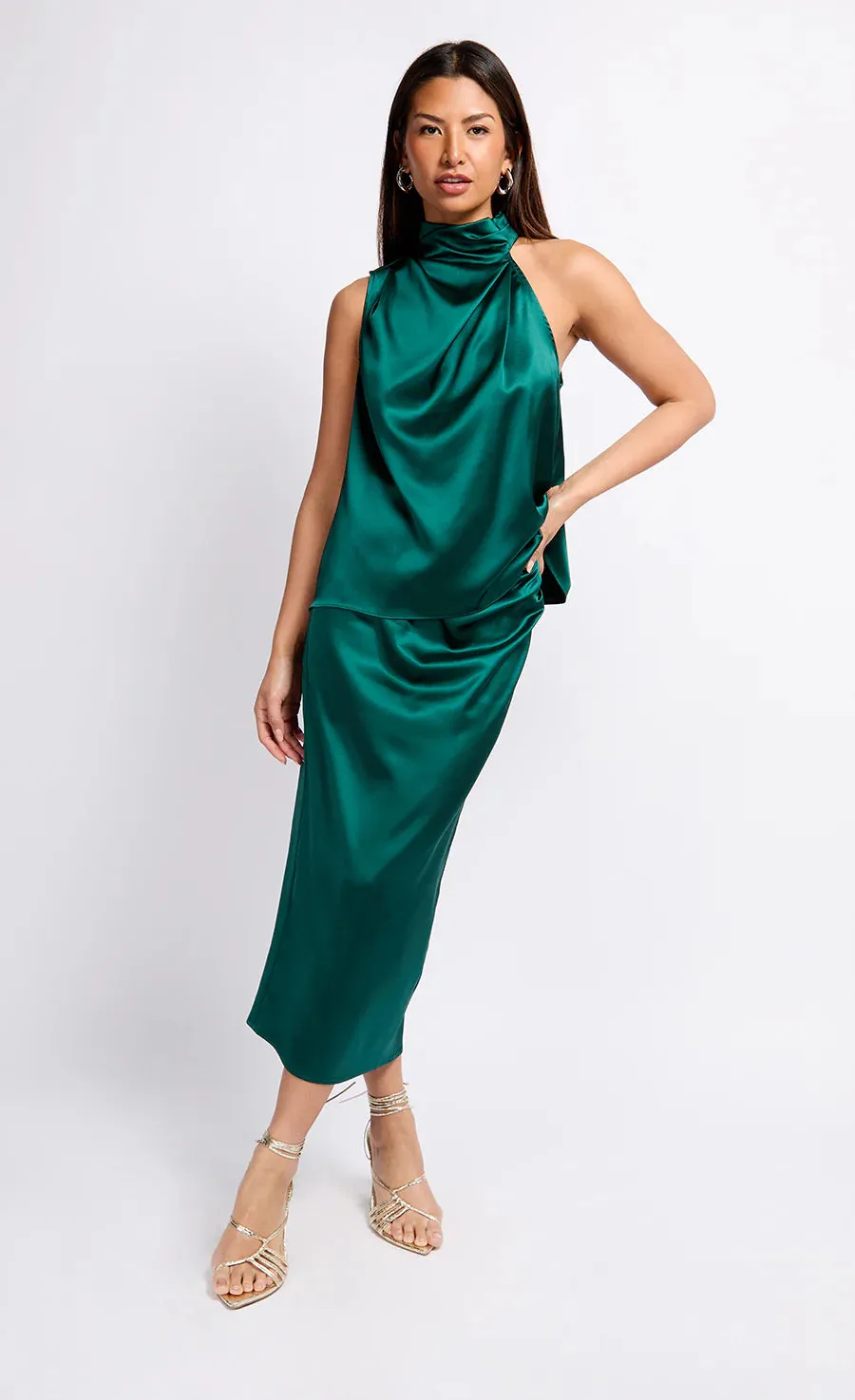 Elegant Green Aubrey Satin Draped Top