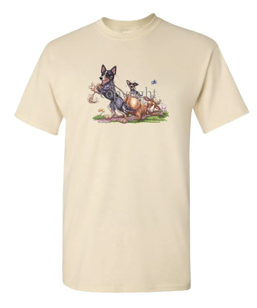 Australian Cattle Dog - Pulling Cow By Tail - Caricature - T-Shirt