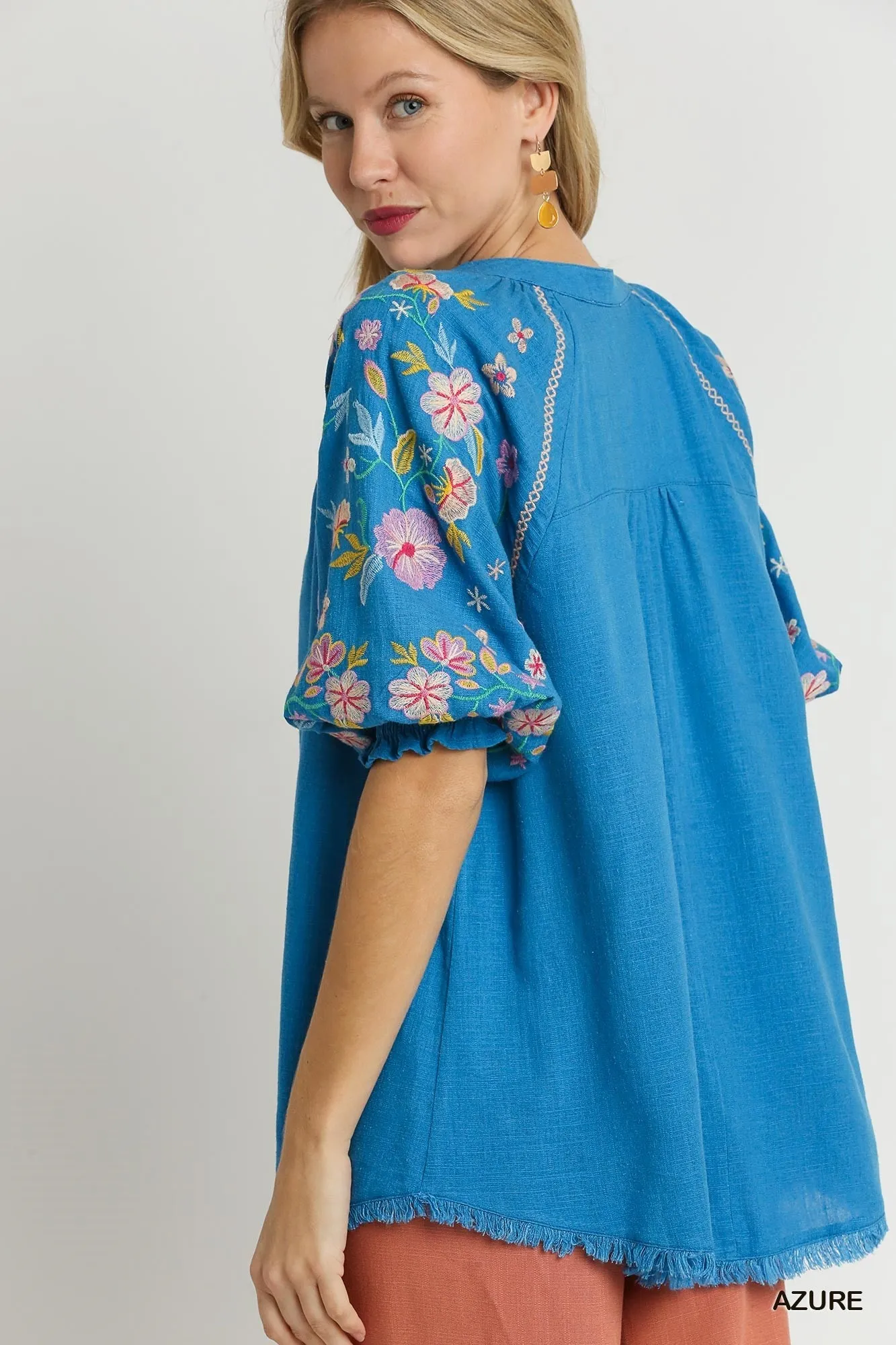 Azure Linen Button Down Top with Embroidery Sleeve