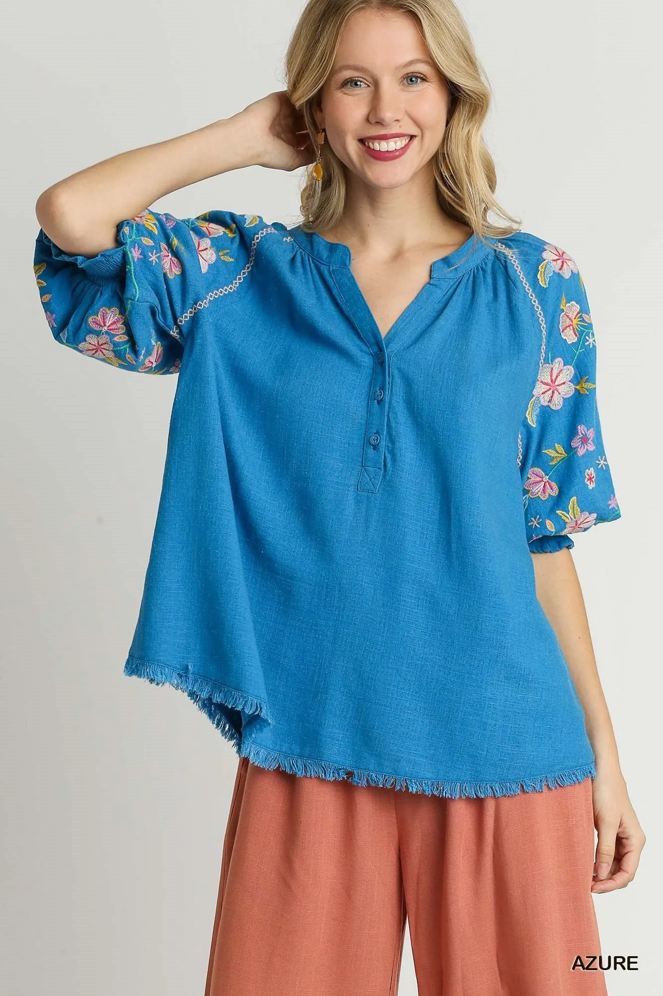 Azure Linen Button Down Top with Embroidery Sleeve