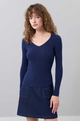 Basic V-Neck Ripped Sweater Navy Blue