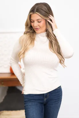 Beige Ribbed Turtleneck Top