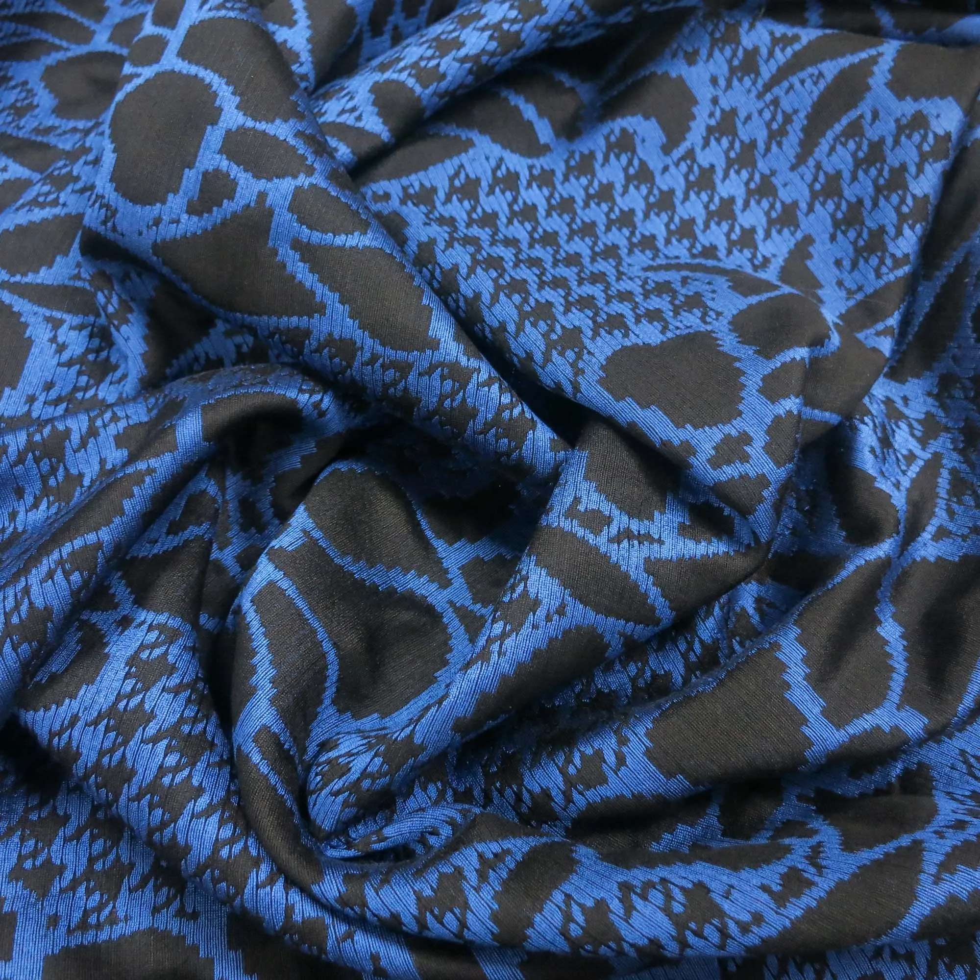 Blue and Black Floral Houndstooth and Floral Design Brocade