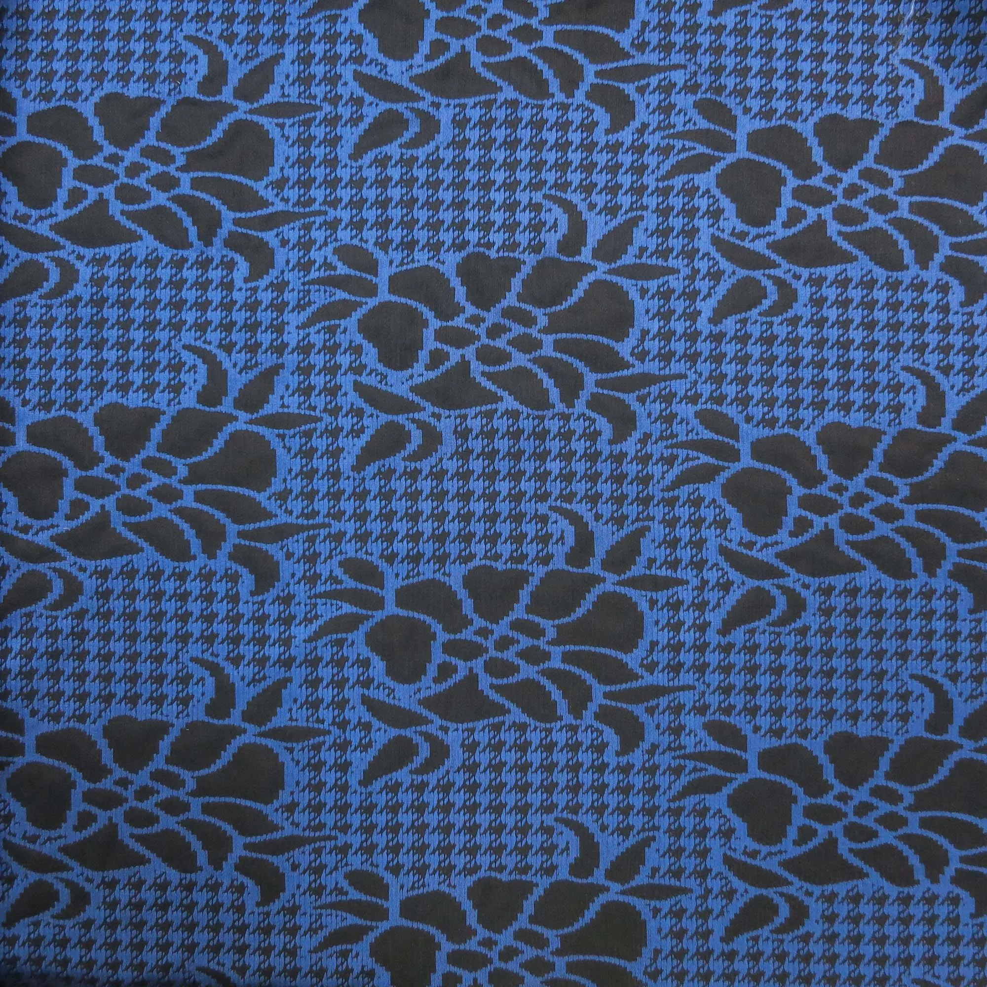 Blue and Black Floral Houndstooth and Floral Design Brocade