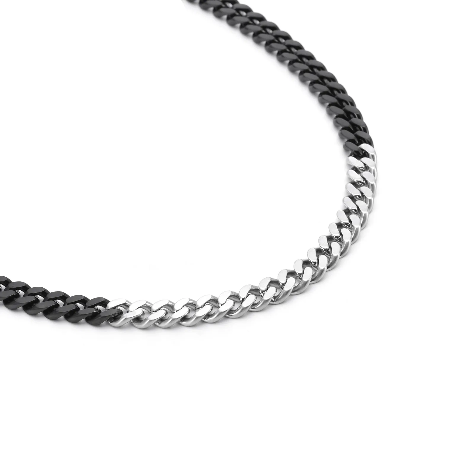 C138BW B.Tiff 8mm 2 Tone Matte Black Anodized & High Polish Stainless Steel Flat Cuban Link Necklace