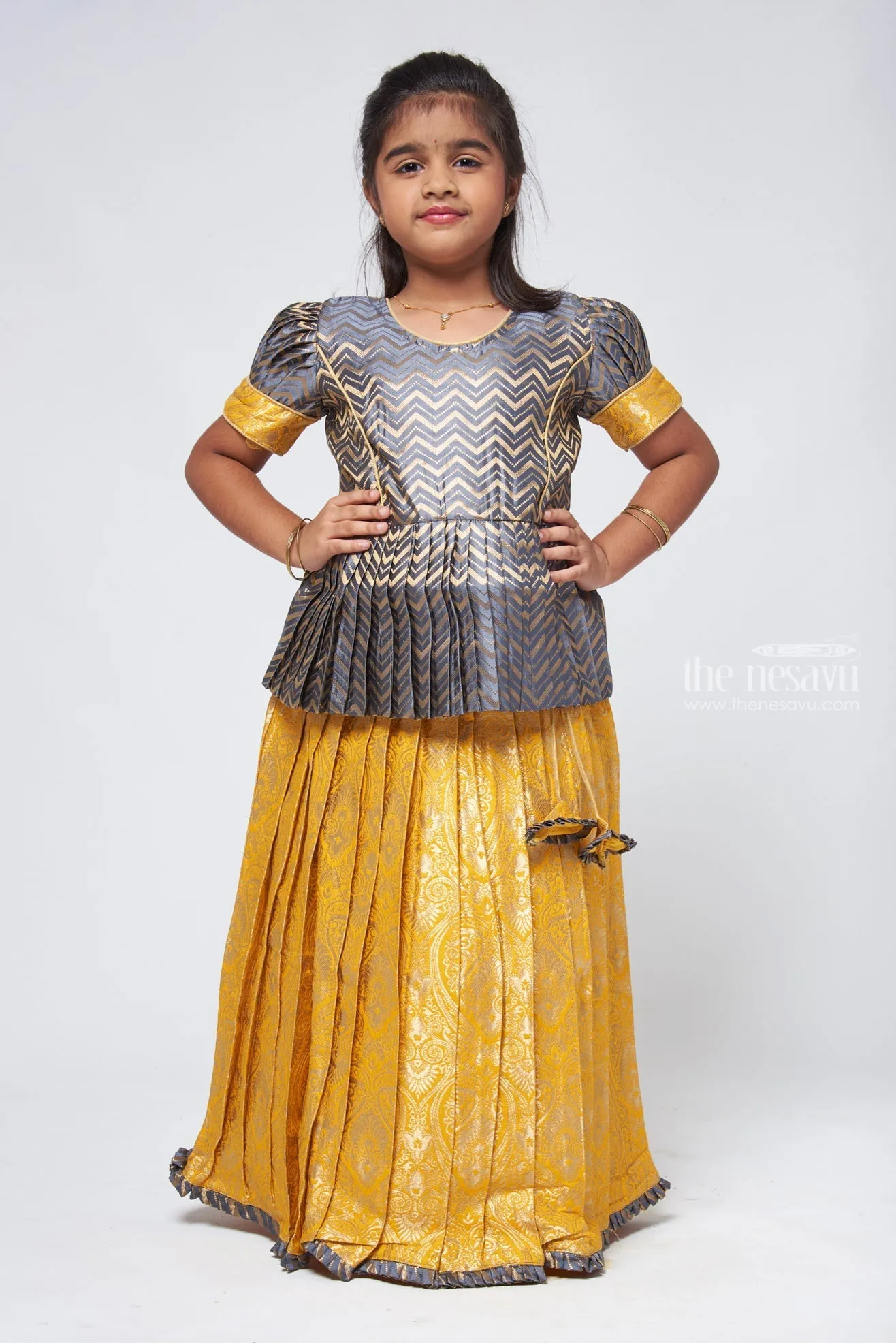 Chic Zig Zag Gray Peplum Top with Banarasi Designer Pattu Pavadai: Festive Delight for Girls