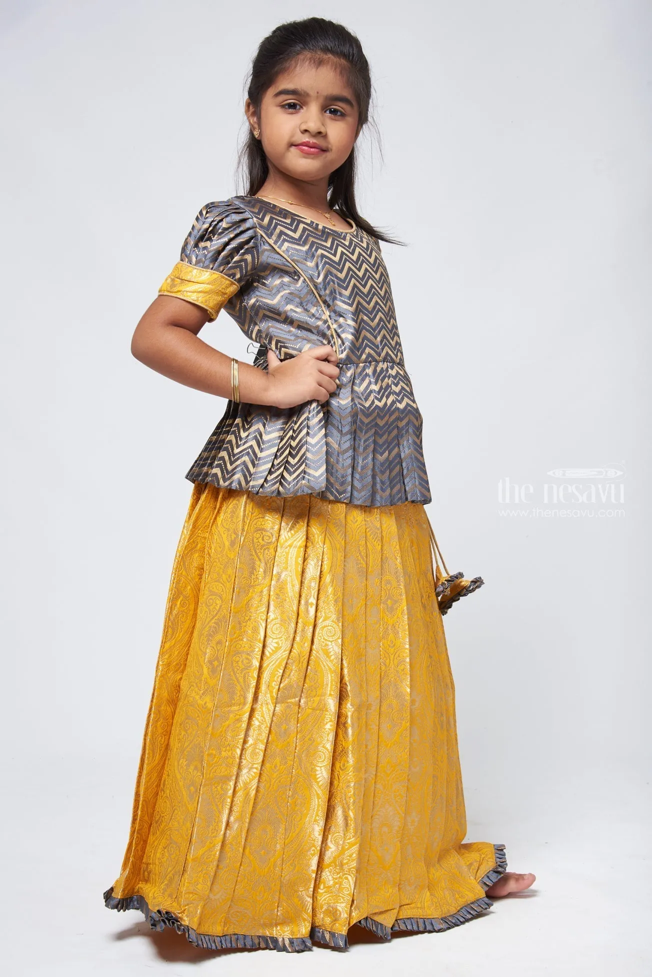 Chic Zig Zag Gray Peplum Top with Banarasi Designer Pattu Pavadai: Festive Delight for Girls