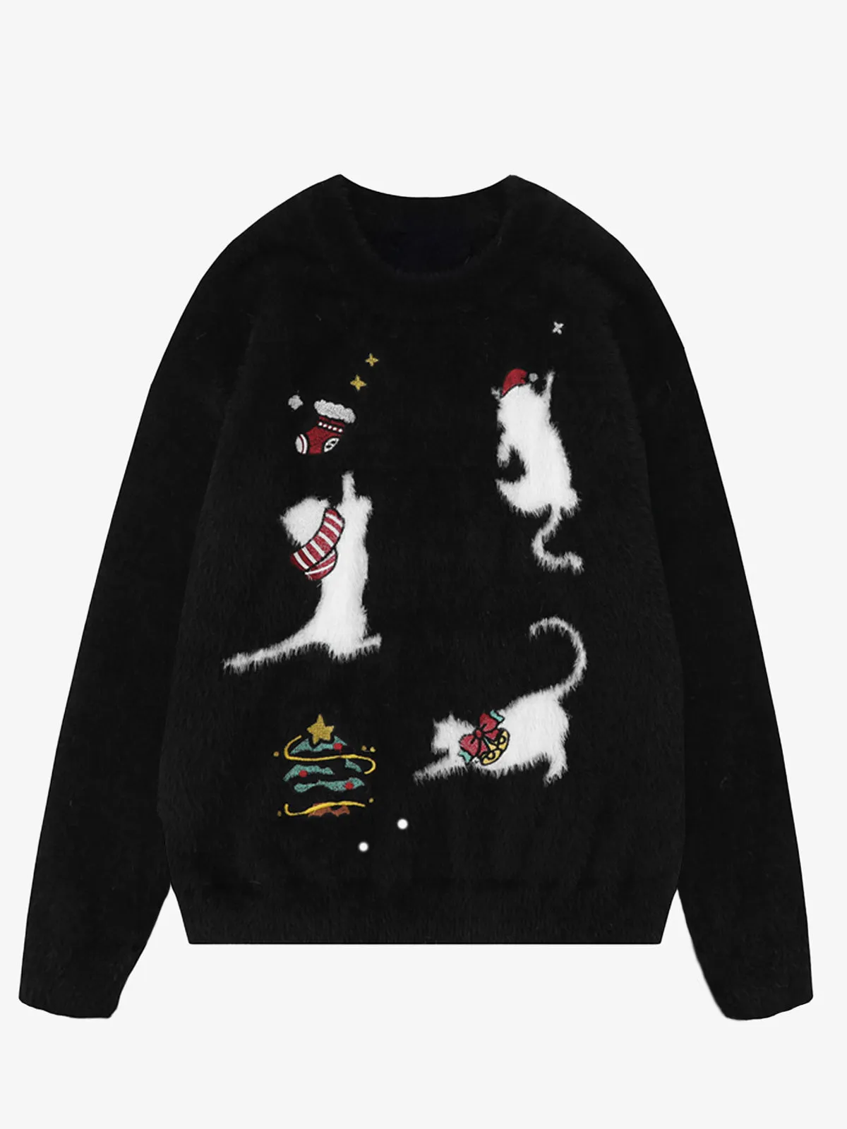 Christmas Kitty Ribbed Trim Crewneck Knitted Sweater