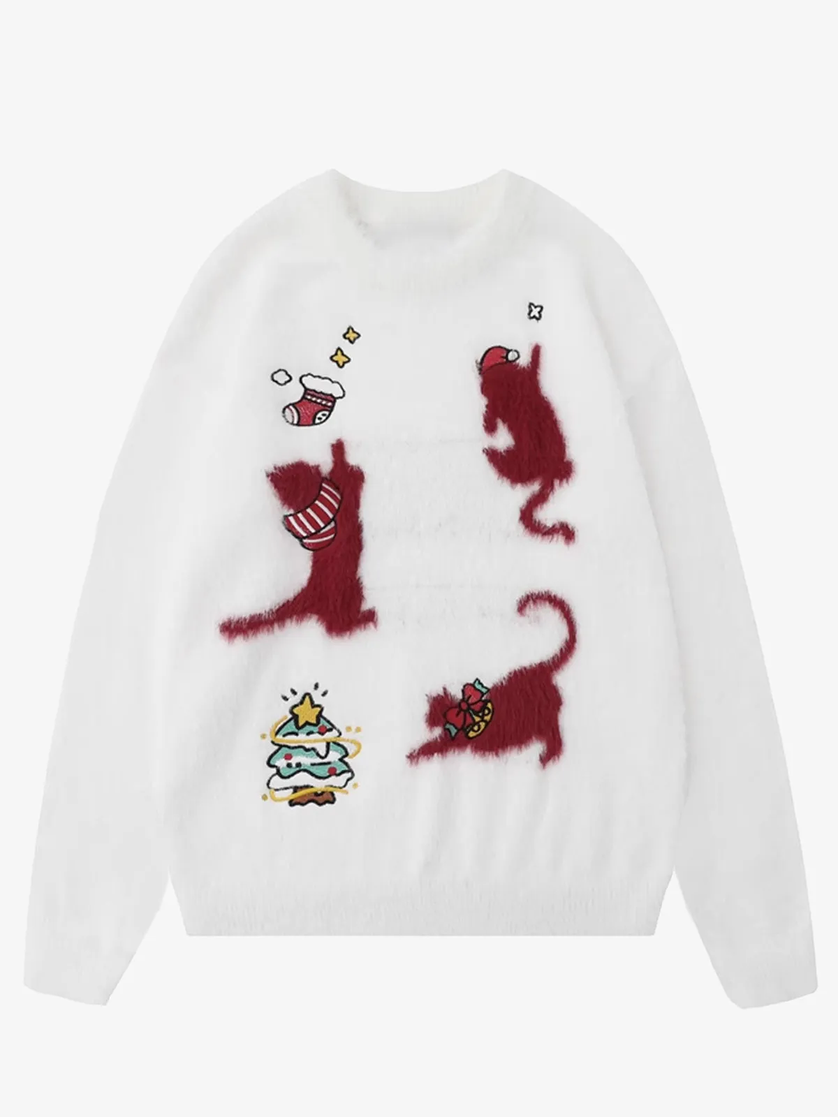 Christmas Kitty Ribbed Trim Crewneck Knitted Sweater