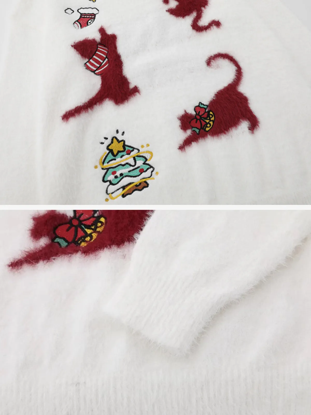 Christmas Kitty Ribbed Trim Crewneck Knitted Sweater