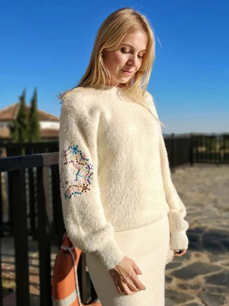 Christmas Sweaters Snowflake Sequined Super Warm Mink Cashmere Soft Fur O-Neck Pullovers Women Fall Winter Tops  C-130