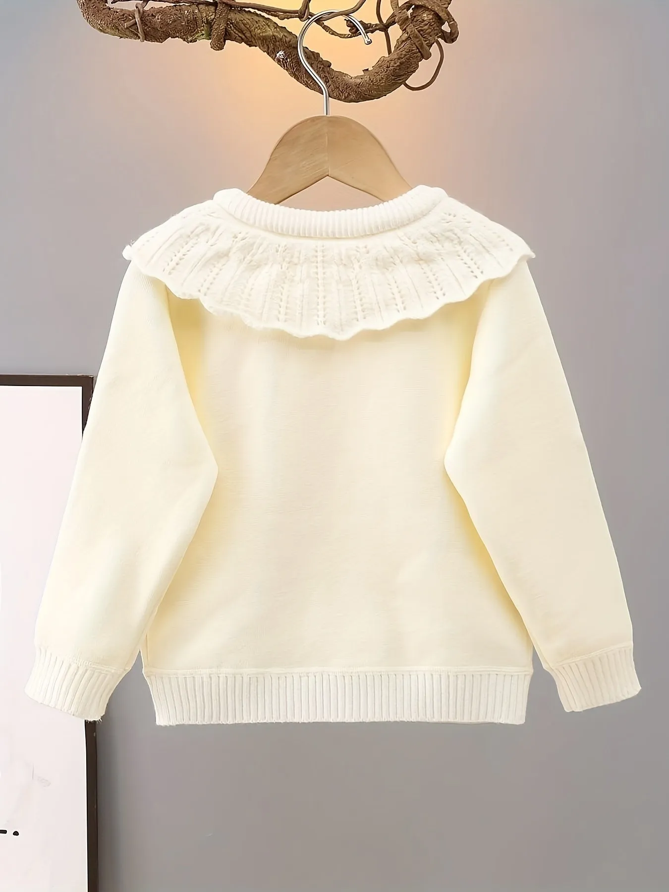 Creamy Color Embroidered Lapel Knit Cardigan For Girls, Elegant Style Comfy Knitwear Jacket, Girl's Clothing For Fall