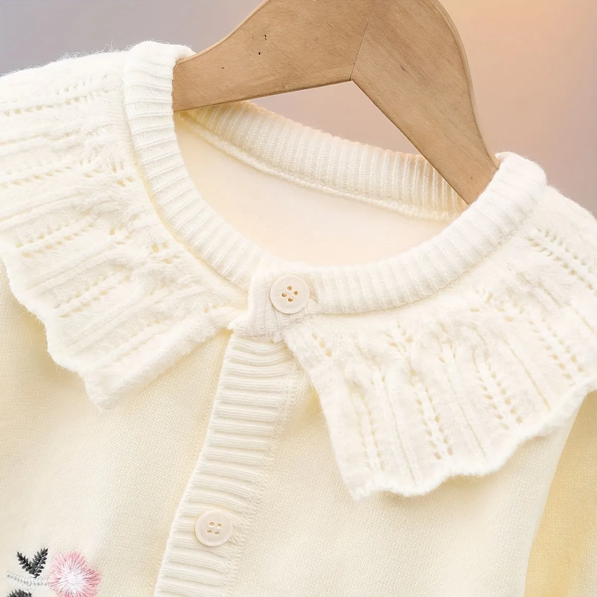 Creamy Color Embroidered Lapel Knit Cardigan For Girls, Elegant Style Comfy Knitwear Jacket, Girl's Clothing For Fall