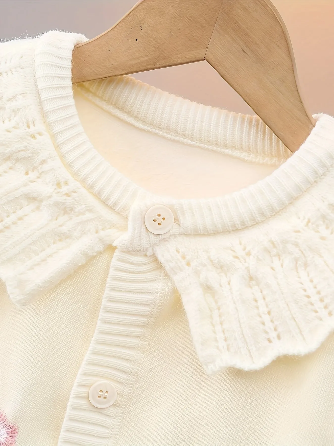 Creamy Color Embroidered Lapel Knit Cardigan For Girls, Elegant Style Comfy Knitwear Jacket, Girl's Clothing For Fall