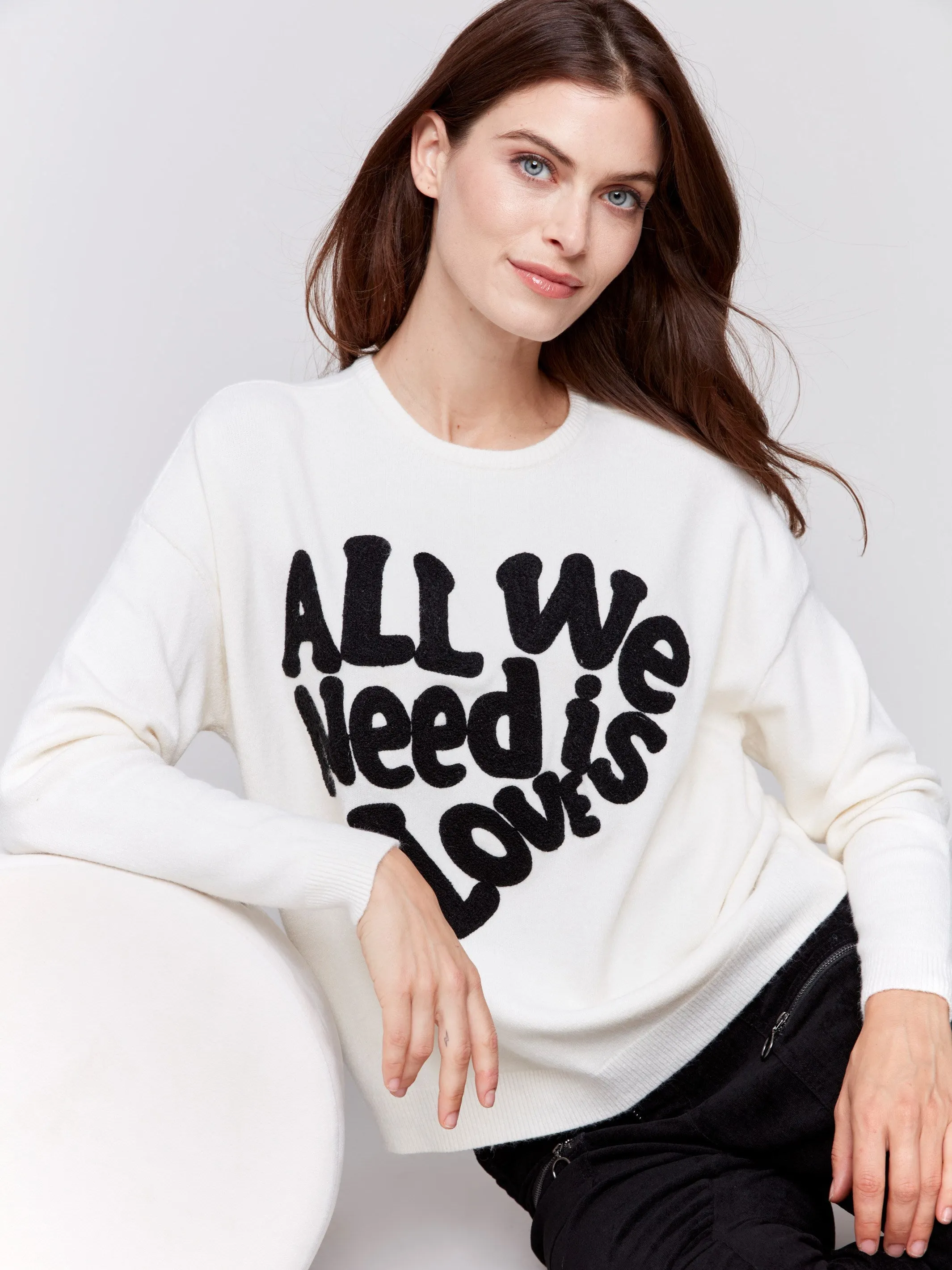 Crew Neck Sweater with Love Embroidery - Ecru