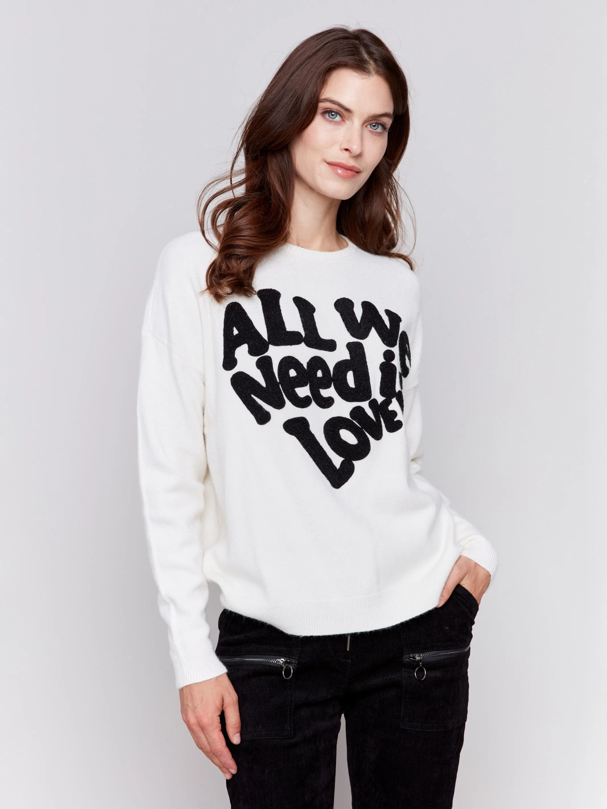 Crew Neck Sweater with Love Embroidery - Ecru