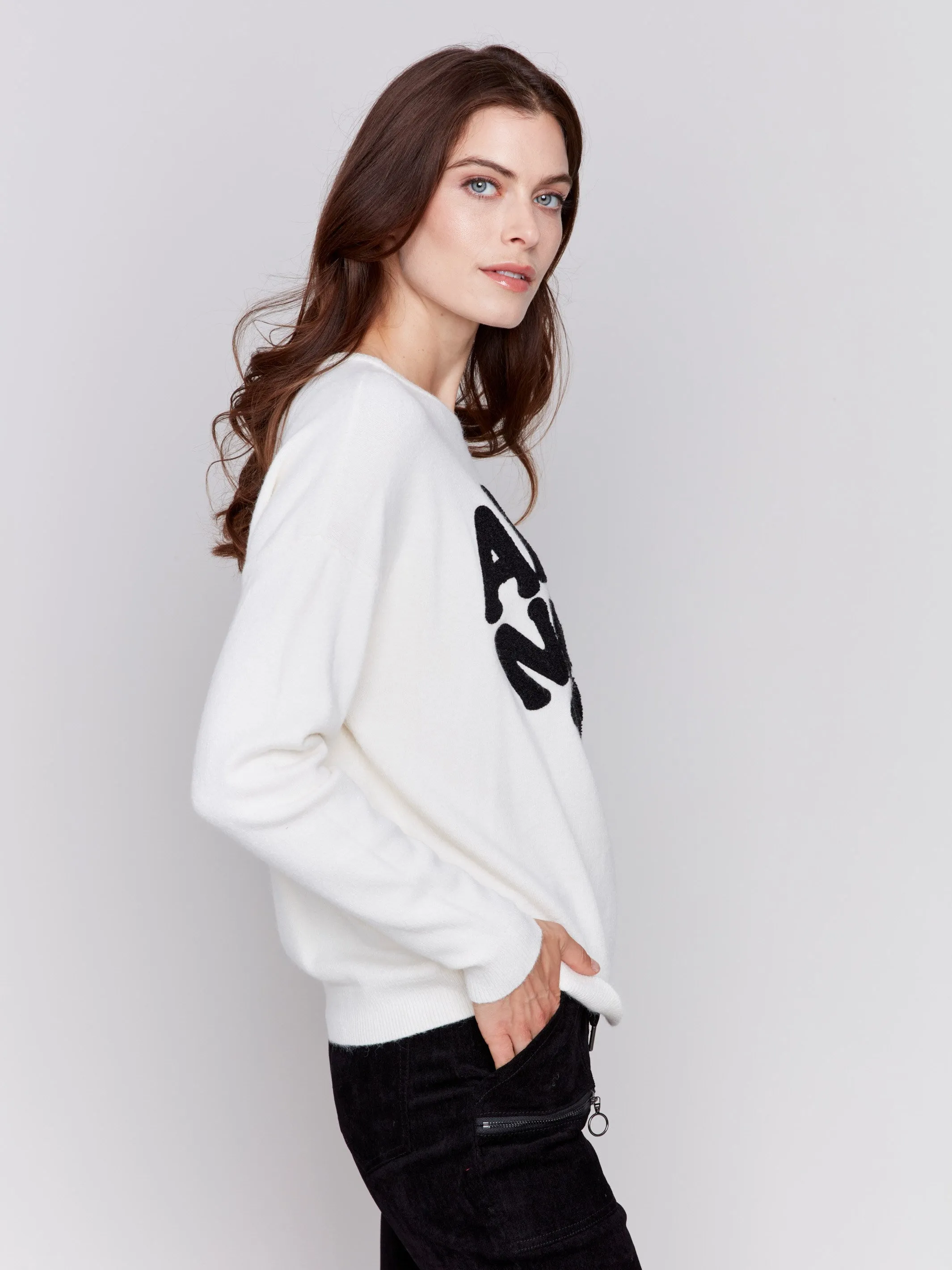 Crew Neck Sweater with Love Embroidery - Ecru