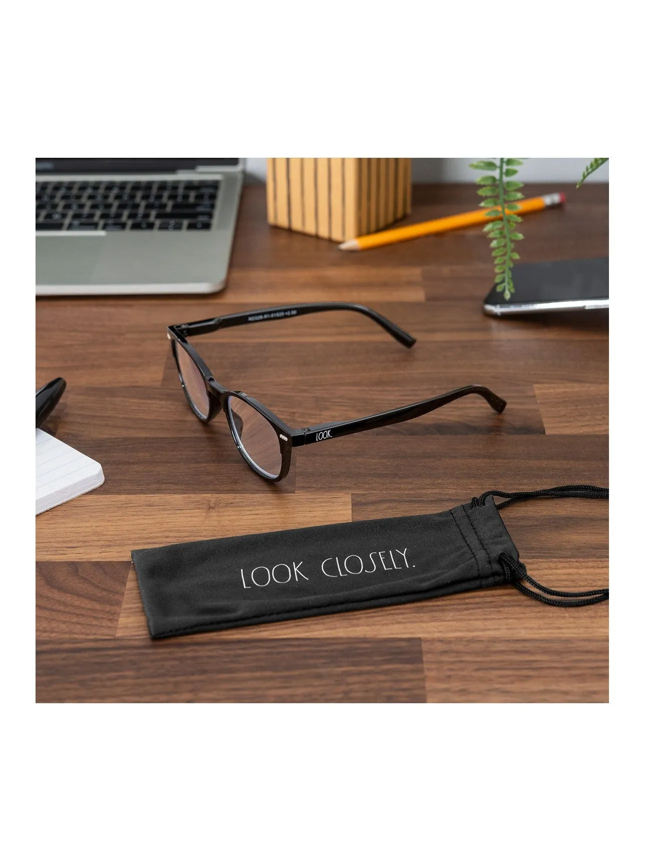 ELIZA Blue Light Blocking Reading Glasses with "LOOK CLOSELY" Signature