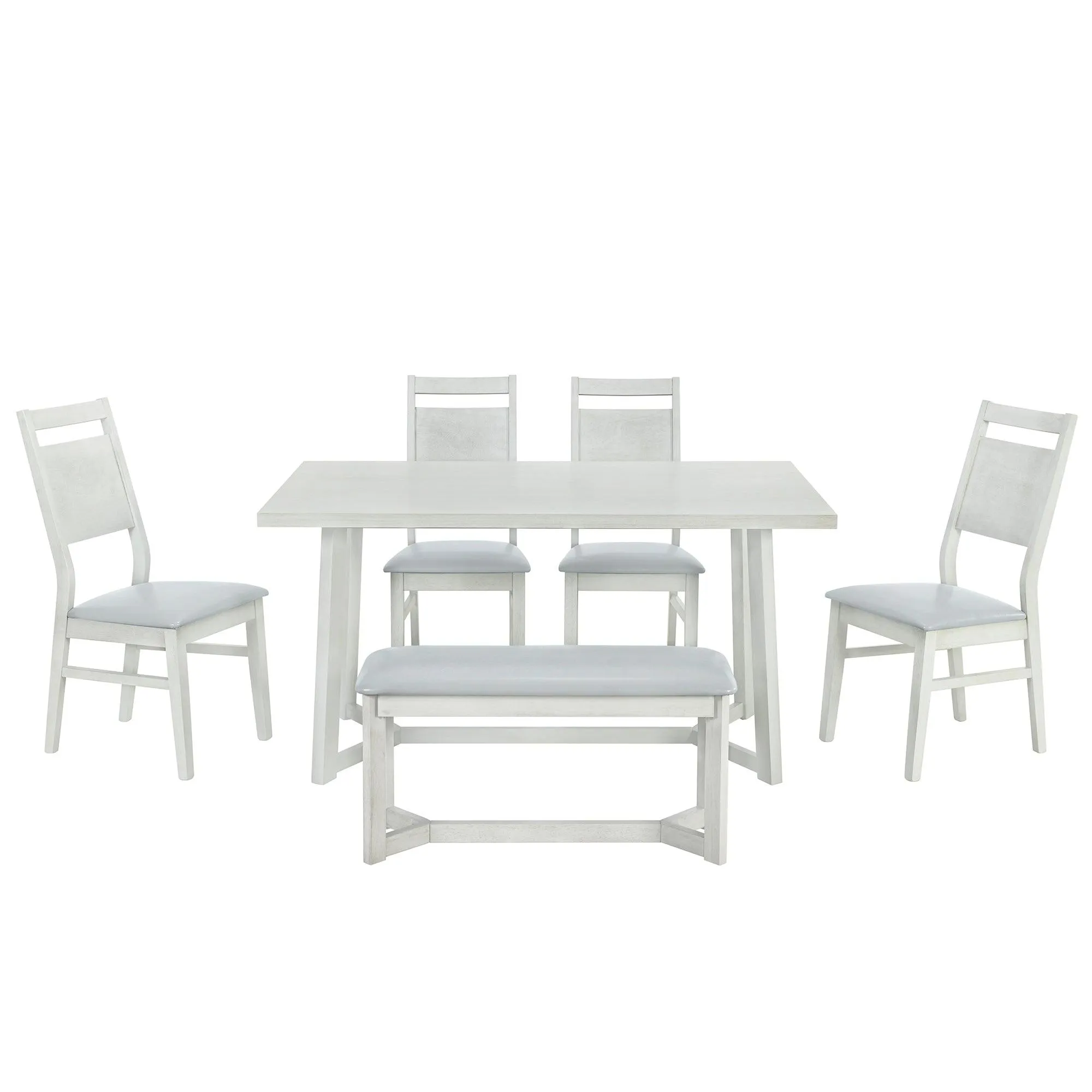 Farmhouse 6-Piece Wood Dining Table Set with 4 Upholstered Chairs & Bench, Gray