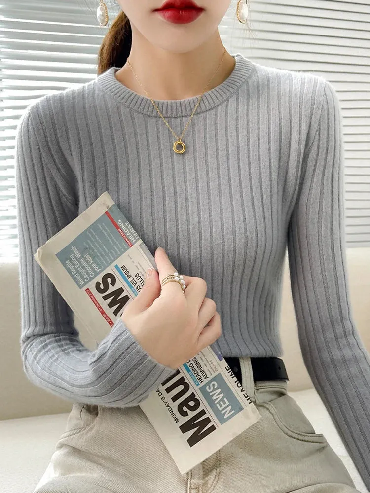 Fashion Ribbed Women Sweater Knitted Soft Pullovers Jumpers Basic Solid Soft Long Sleeve Sweaters For Women Autumn Winter Tops