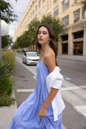 Flowy Tiered Sleeveless Maxi Linen Dress - Classic Blue