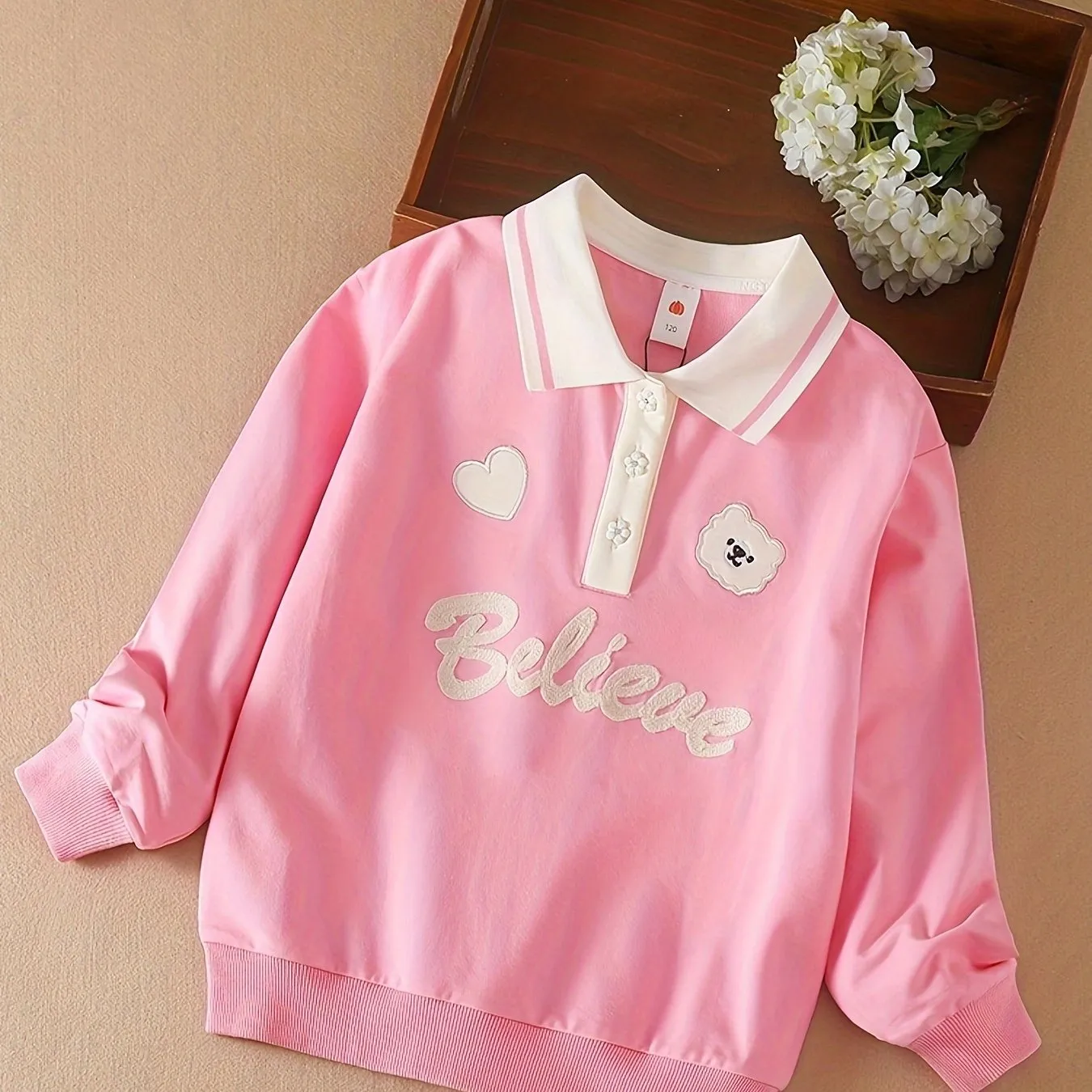 Girls' Cartoon Character Embroidered Comfort Fit Long Sleeve Sweatshirt - Soft Brushed Fabric, Button Collar, Relaxed Fit, Casual Wear for School, Daily Life - Vibrant Colors, Fun Designs