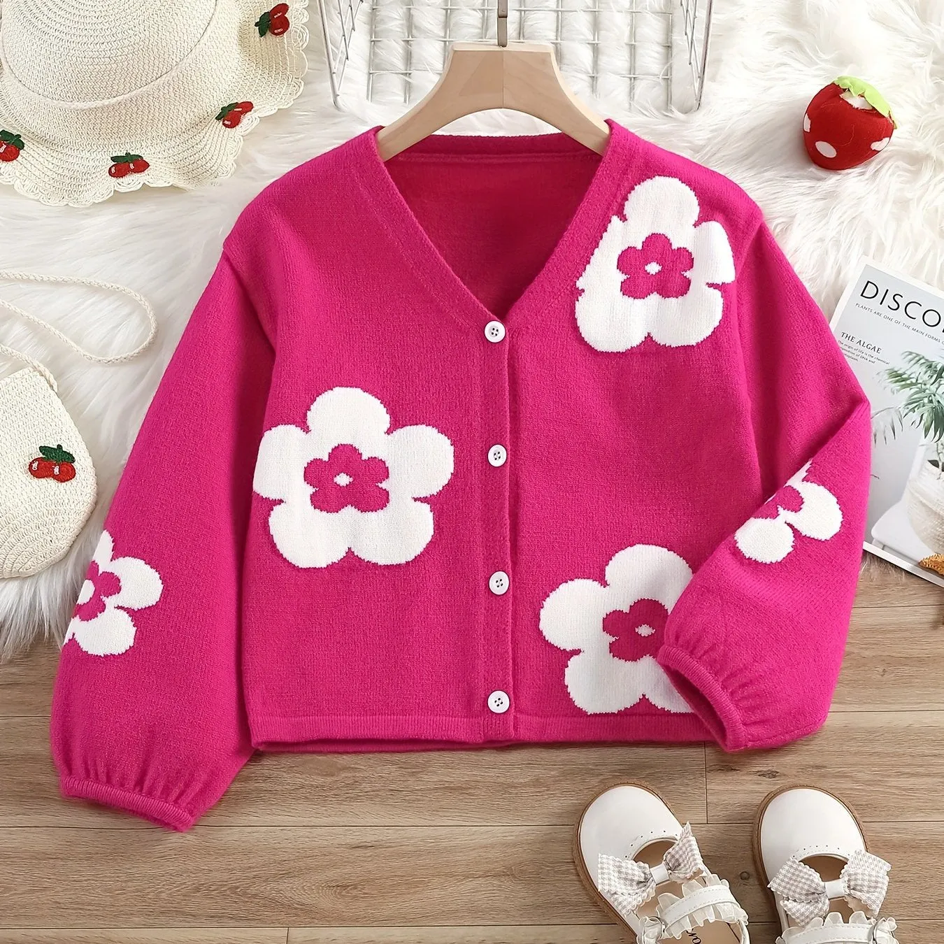 Girls Cute Batwing Sleeve Flowers Jacquard Button V-Neck Knit Cardigan Sweater Kids Fall/ Winter Clothes, Valentine's Day