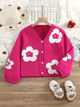 Girls Cute Batwing Sleeve Flowers Jacquard Button V-Neck Knit Cardigan Sweater Kids Fall/ Winter Clothes, Valentine's Day