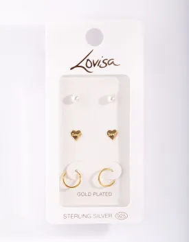 Gold Plated Sterling Silver Love Hoop Stud Earring Pack