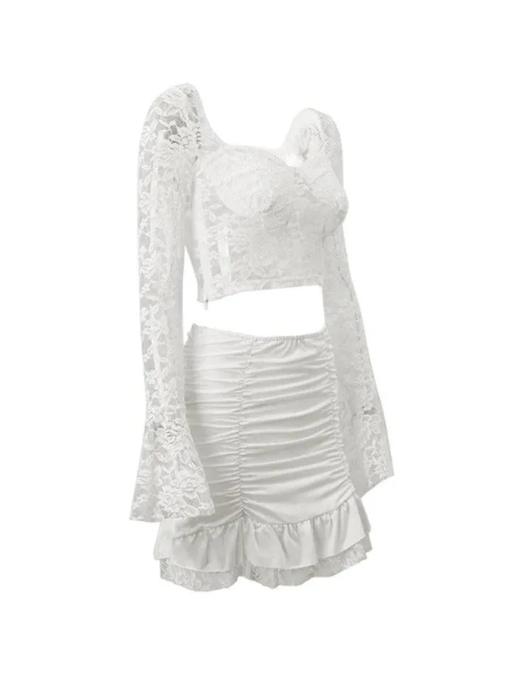 Lace Low Cut Square Neck Tee & Ruched Mini Skirt Set