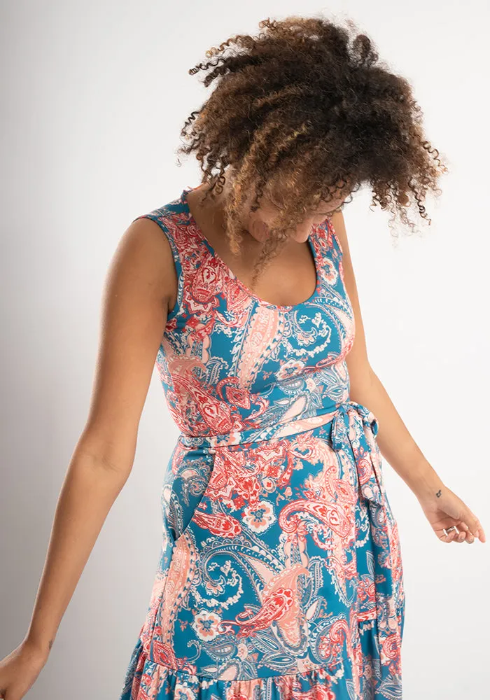 Lynn Large Paisley Print Tiered Hem Midi Dress