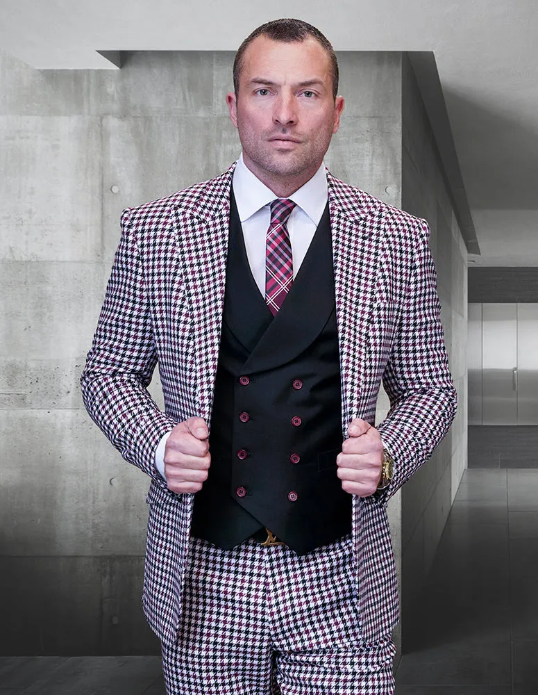 MASIMO BURGUNDY HOUNDSTOOTH MODERN FIT 3 PC SUIT