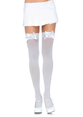 Opaque Bow Thigh High Stockings in White with White Bows