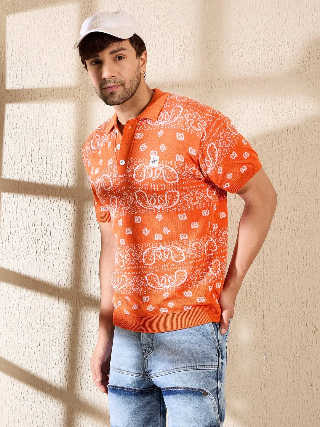 Orange Paisley Knitted Polo Tshirt