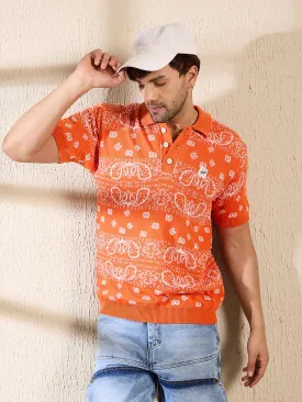 Orange Paisley Knitted Polo Tshirt