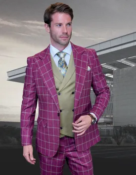 OXFORD WINE 3 PC MODERN FIT PLAID SUIT