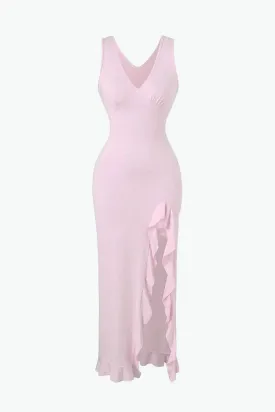 Pink V-neck Slit Maxi Dress