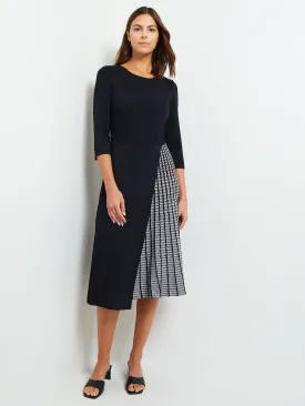 Pleated Contrast Panel Soft Knit Dress, Black & White