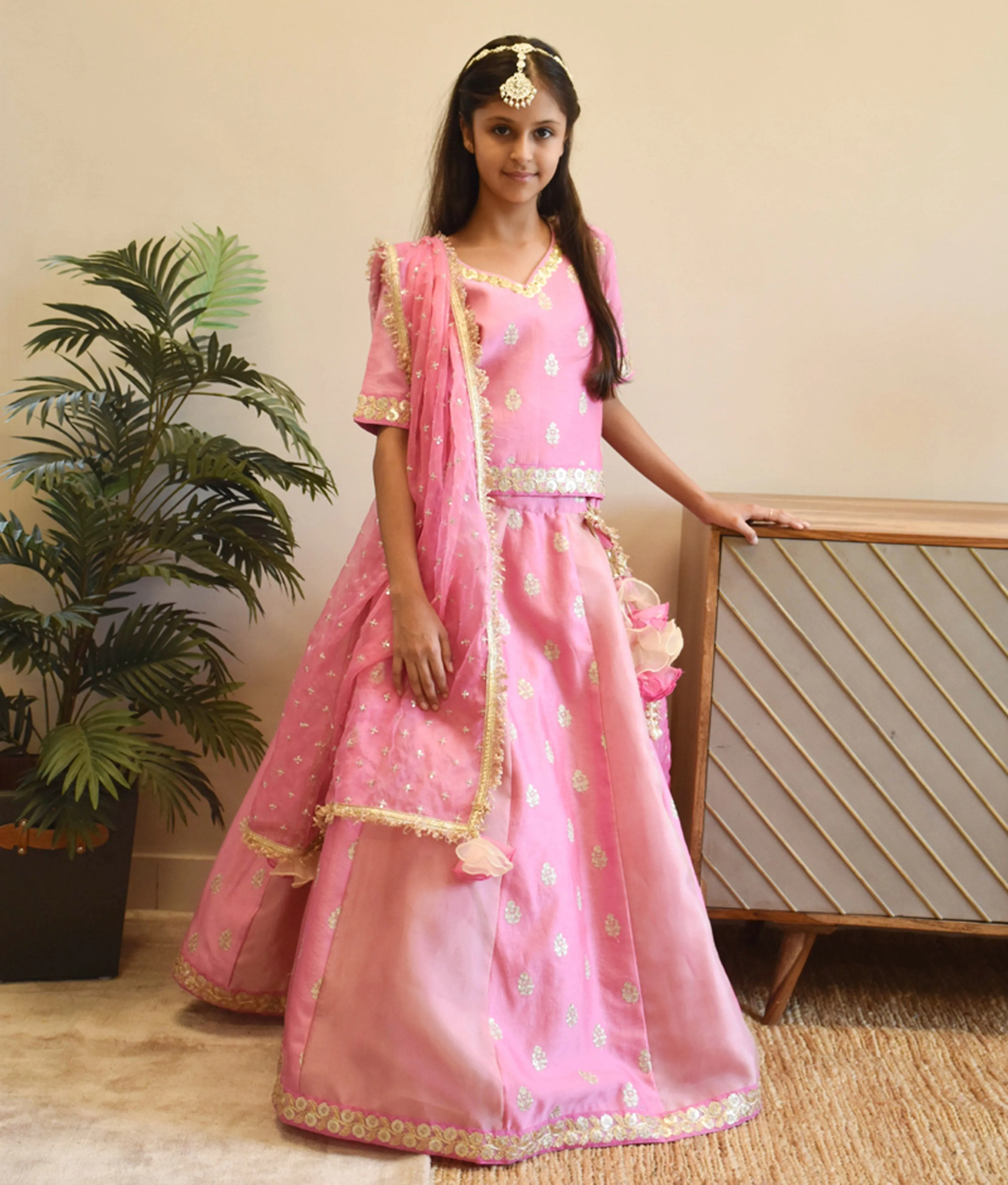 Pre-Order - Pink Chanderi Choli with Lehenga  for Girls