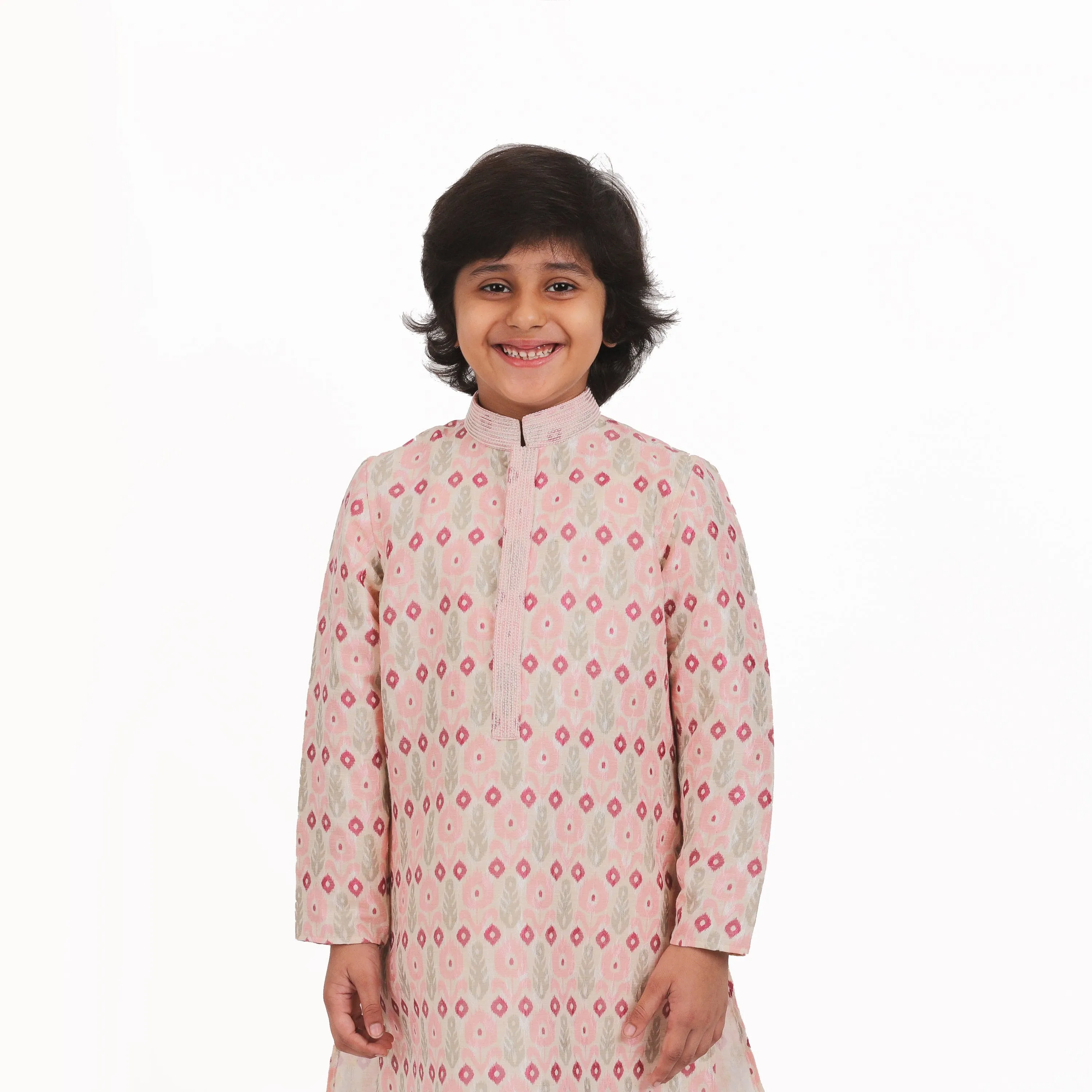 Pre-Order : PINK PATTERN KURTA WITH WHITE PANTS for Boys