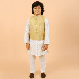 Pre-Order : YELLOW BANDI WITH OFF WHITE KURTA SET WITH GOLDEN WORK SET  for Boys