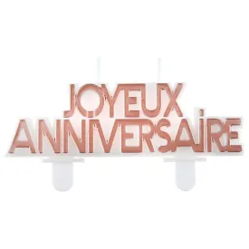 "Joyeux Anniversaire" Birthday Cake Candle, White and Rose Gold, 1 Count