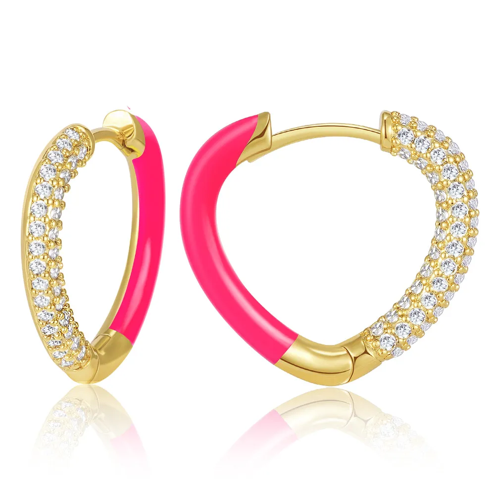 Rose Enamel Heart Huggie Hoop Earrings