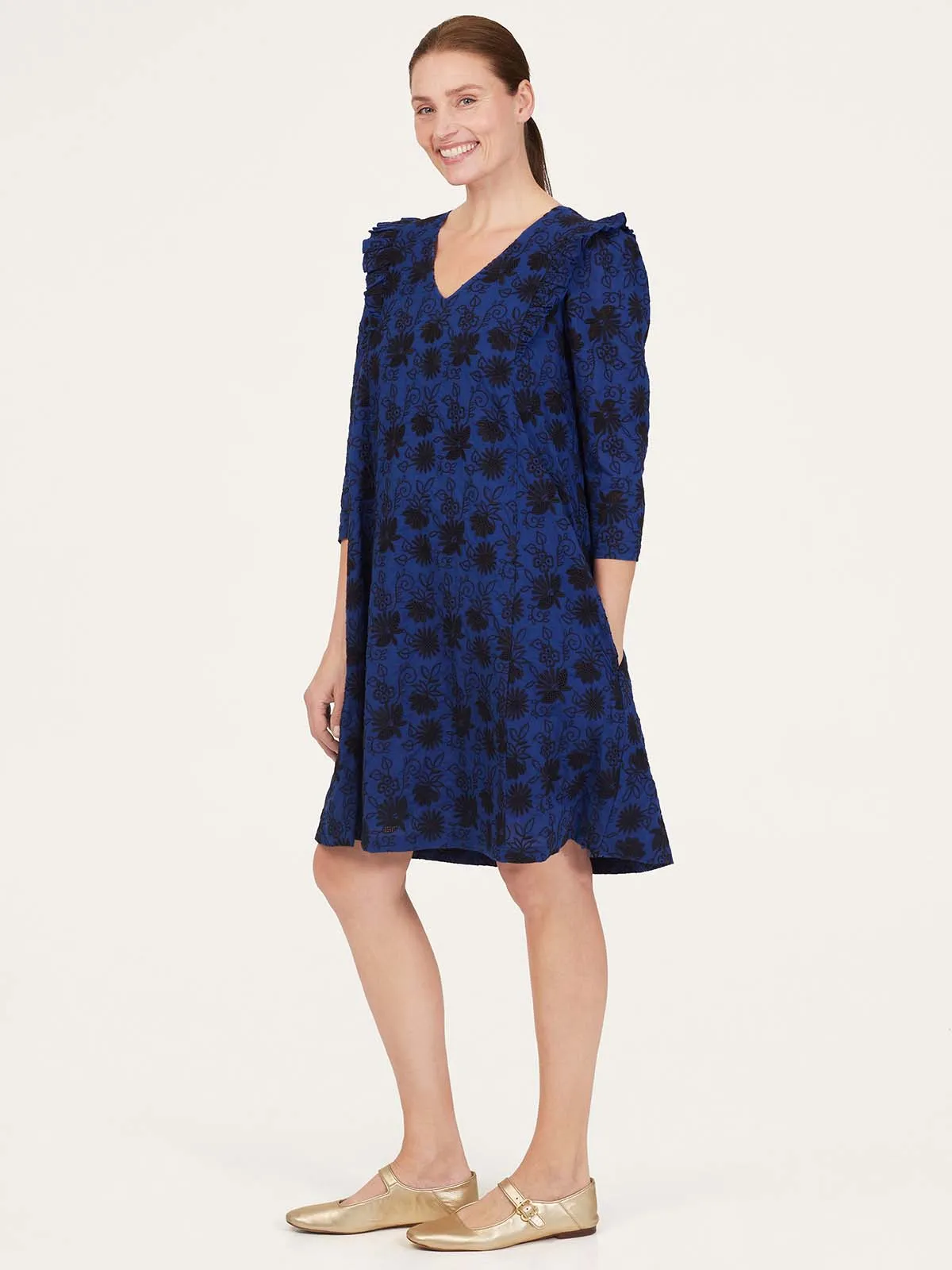 Simone Organic Cotton Broderie Shift Dress - Dark Sapphire Blue