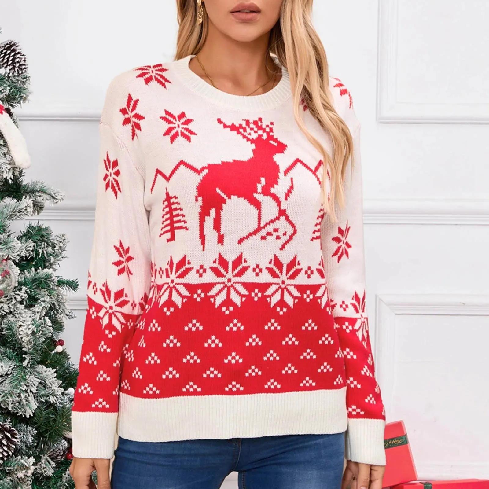 Wenkouban-Christmas Thanksgiving outfits_Christmas Snowflake Printed Long Sleeve O Neck Ladies Jumper Christmas Sweater