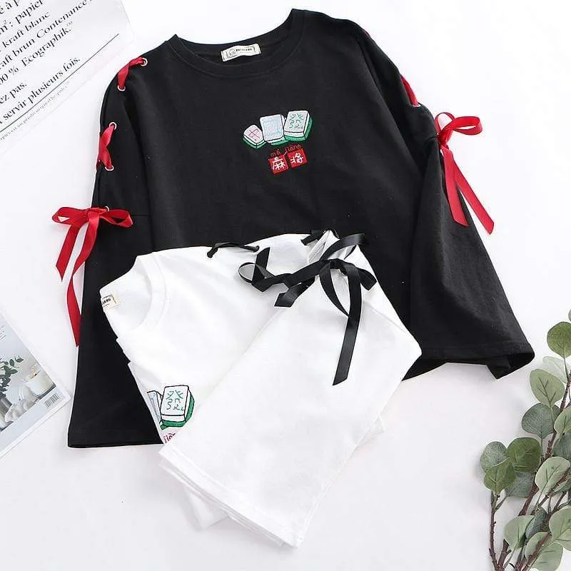 Women's Casual Mahjong Printed Lace-up Sleeved Sweaters